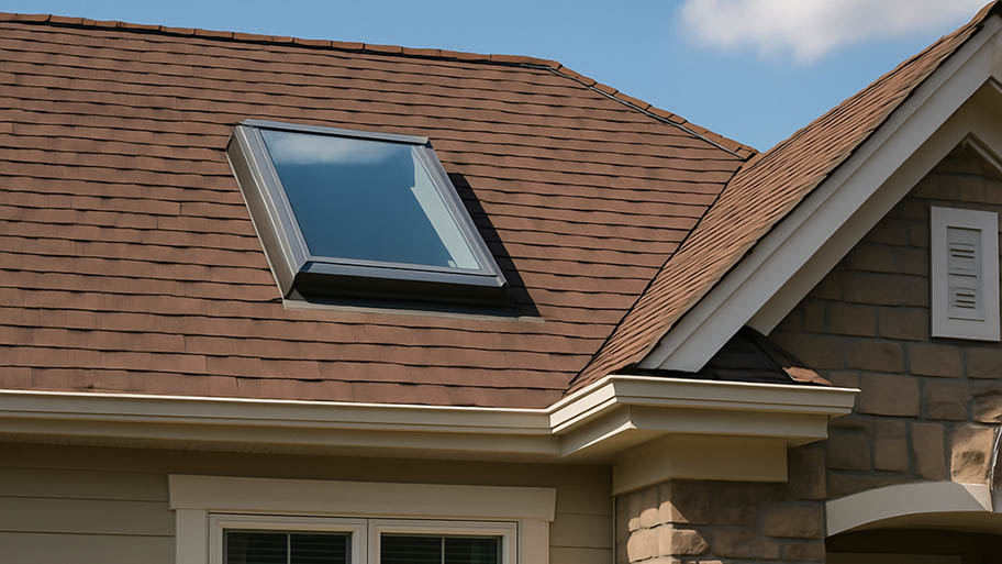Modern skylight on a brown shingle roof of a house with stone and siding accents